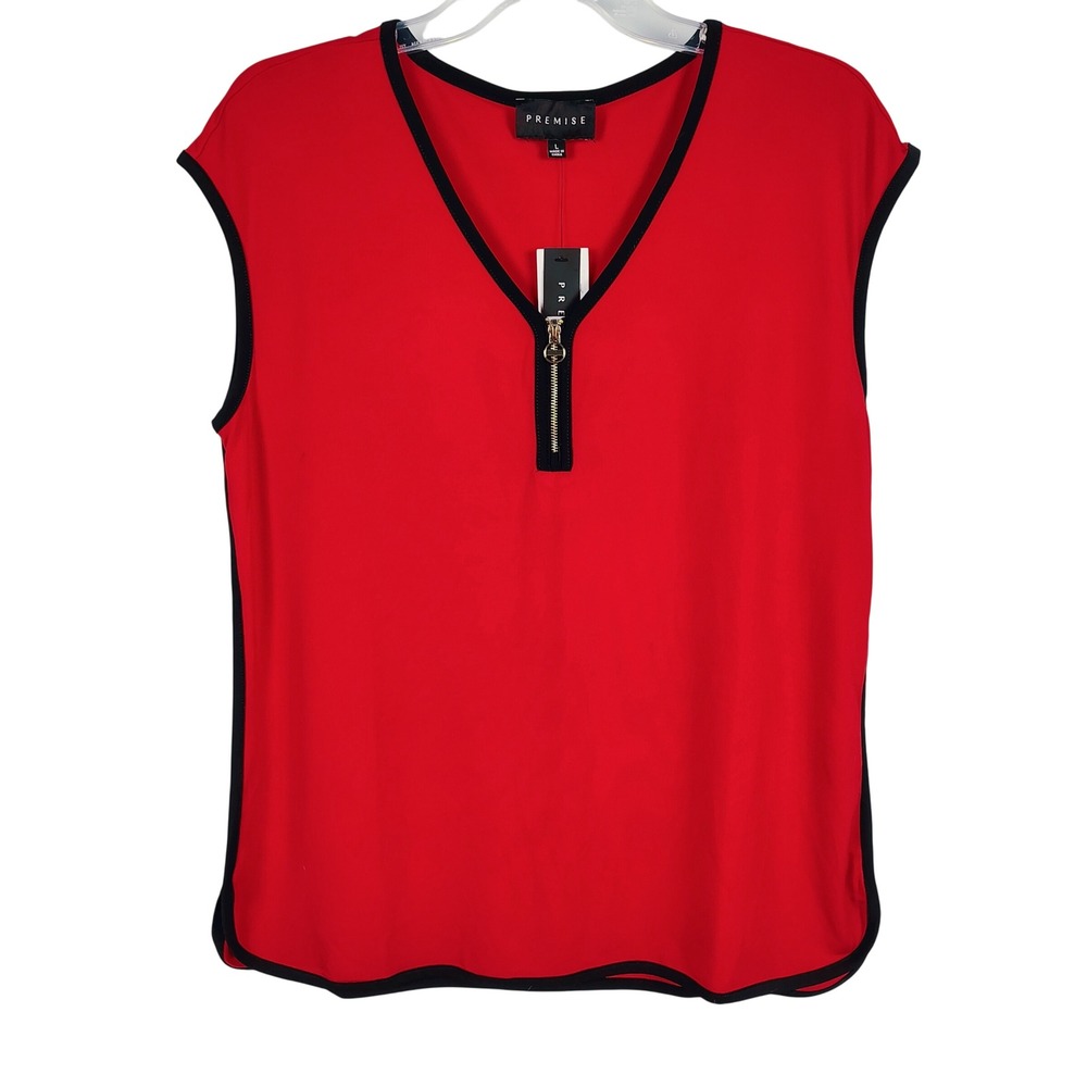 NWT Premise Womens L Zip Front Sleeveless Top Red Black Trim Officecore Chic